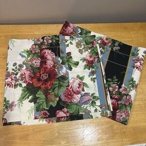 Vtg Crown Craft Rose Valance Cottagecore Garden 84x18" Black Floral Set Of 2